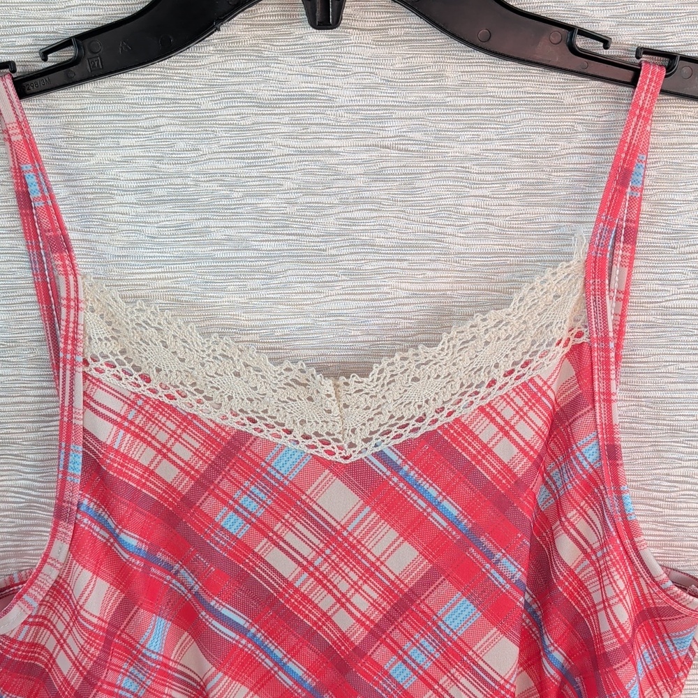 Plaid Slip Dress Red and Blue Lace Spaghetti Strap - Picture 6 of 8